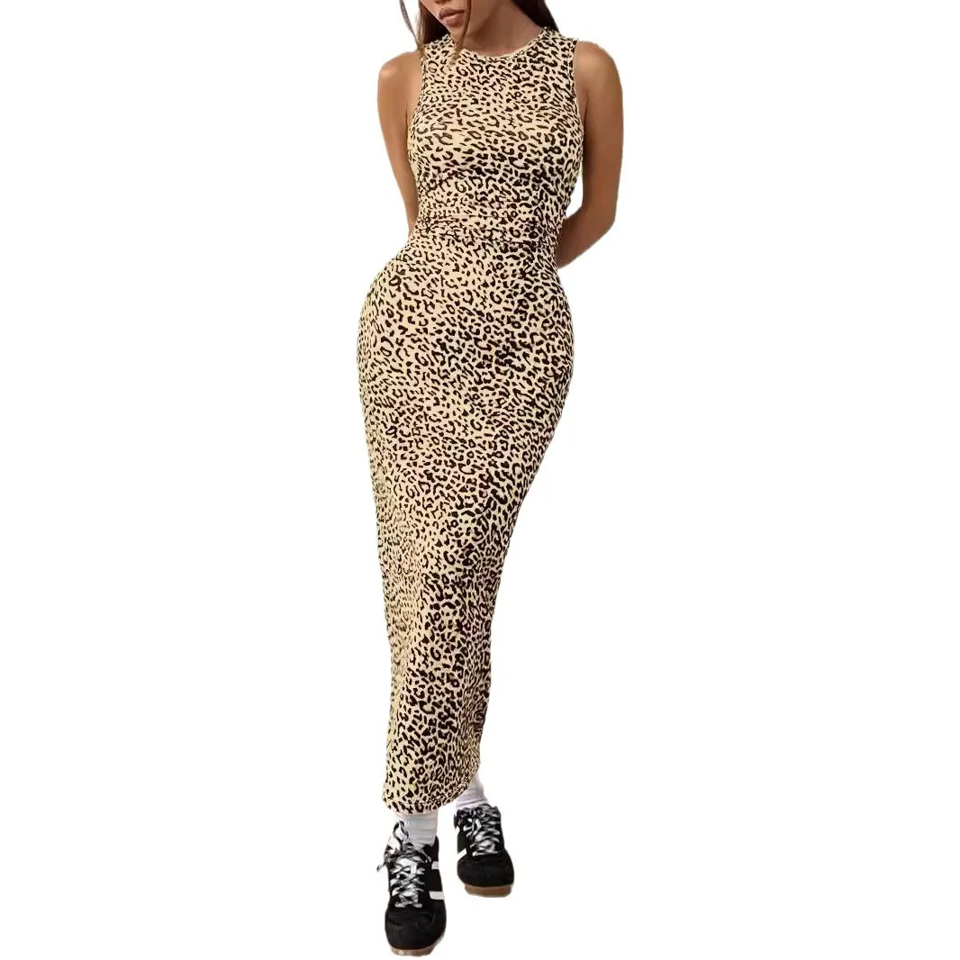 夏の新作ファッション、ヨーロッパスタイルのレディース長袖ラウンドネック、レオパード柄ニットノースリーブ、スリムフィットドレス