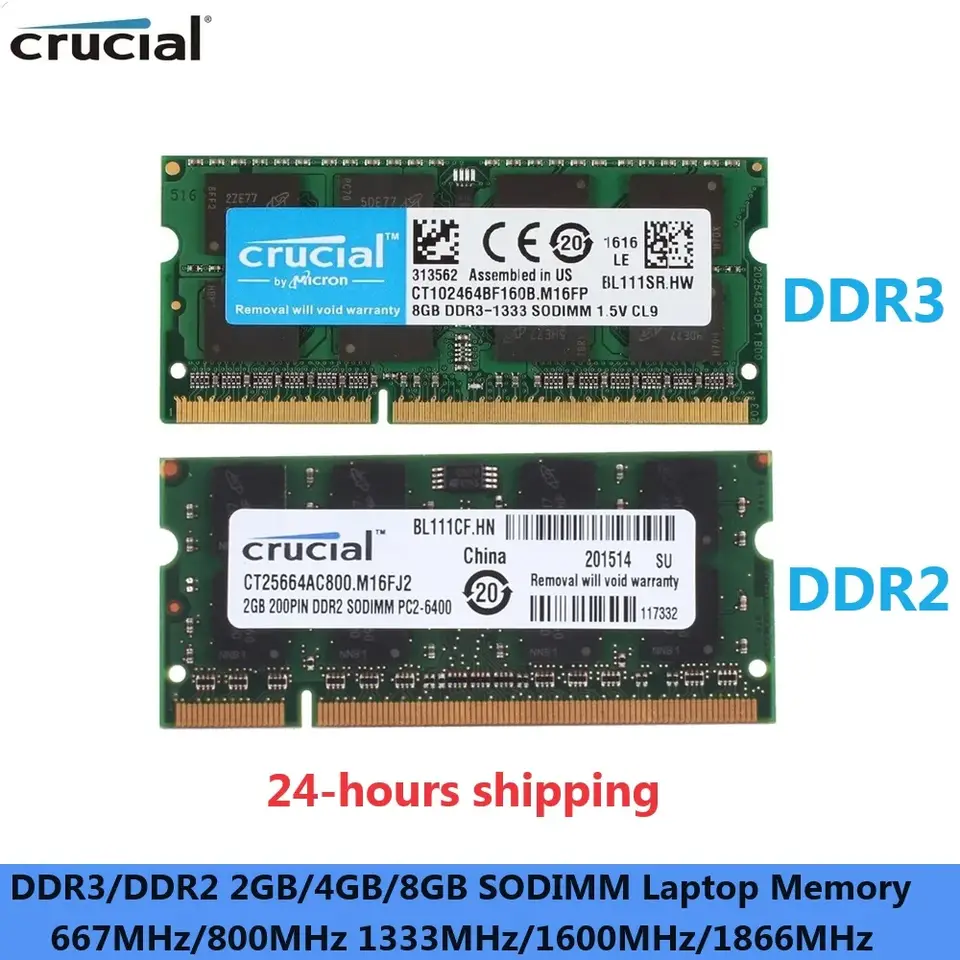 ذاكرة محمول Crucial DDR3/DDR2 بسعة 2 جيجابايت/4 جيجابايت/8 جيجابايت، SODIMM، ترددات 667 ميجاهرتز/800 ميجاهرتز/1600 ميجاهرتز/1866 ميجاهرتز، متوافقة مع أجهزة الكمبيوتر المحمولة PC3 و PC2
