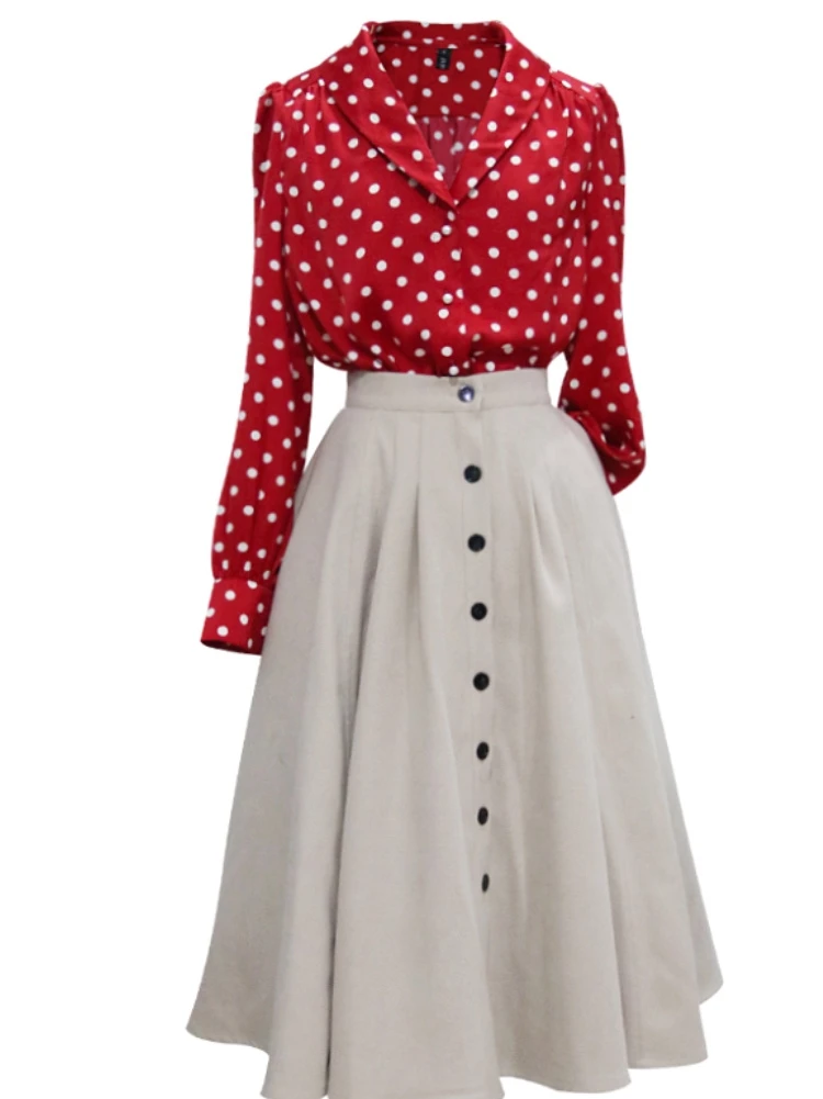 Retro Hong Kong Style Long Sleeve Red Shirt Spring Autumn Loose Women's Casual White Polka Dot Chiffon Top Elegant V-neck But...