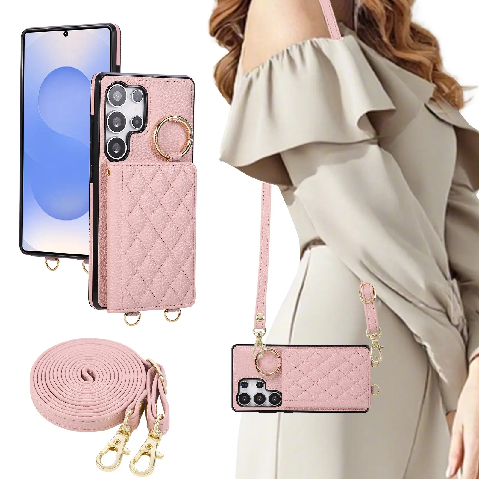 Quilted PU Leather Phone Case With Ring Holder Crossbody Strap For Samsung Galaxy S26 S25 S24 S23 S22 S21 S20 S10 FE Plus Ultra