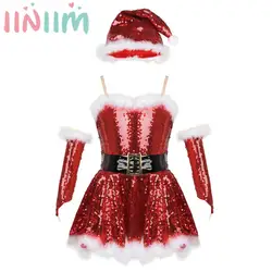 Kids Girls Christmas Dance Leotard Dress with Hat Arm Sleeves Figure Ice Skating Ballet Tutu Xmas Santa Claus Cosplay Costume