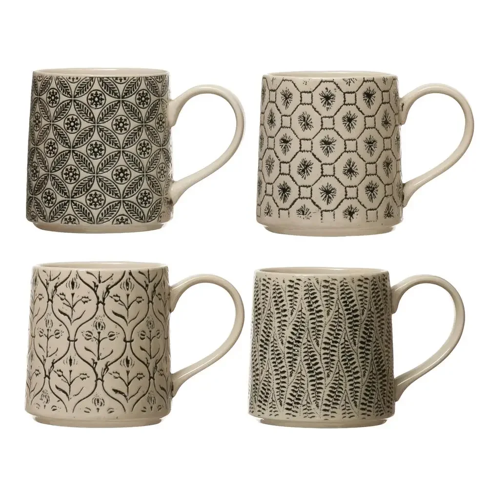 Hand-Stamped Stoneware Mug Set Intricate Embossed Patterns Modern Tabletop