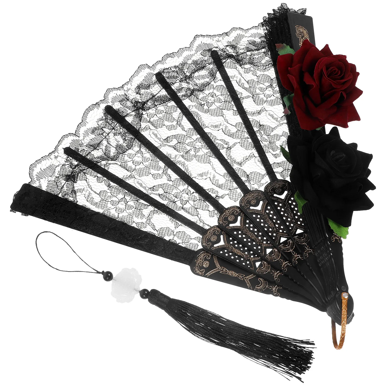 

1pc Vintage Rose Folding Lace Handheld Fan For Women Summer Cooling Dance Prop Photography Chinese Style Gift Decorative Art