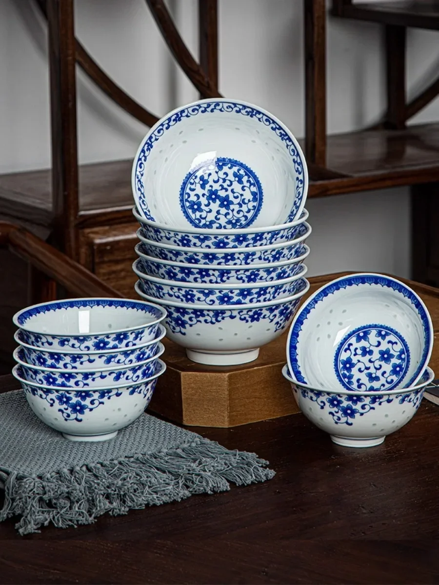 Jingdezhen Ceramic Rice Bowl Blue And White Porcelain Bowl Dinnerware Food Holder Underglaze Luminous Chinese Soup Noodle Bowls