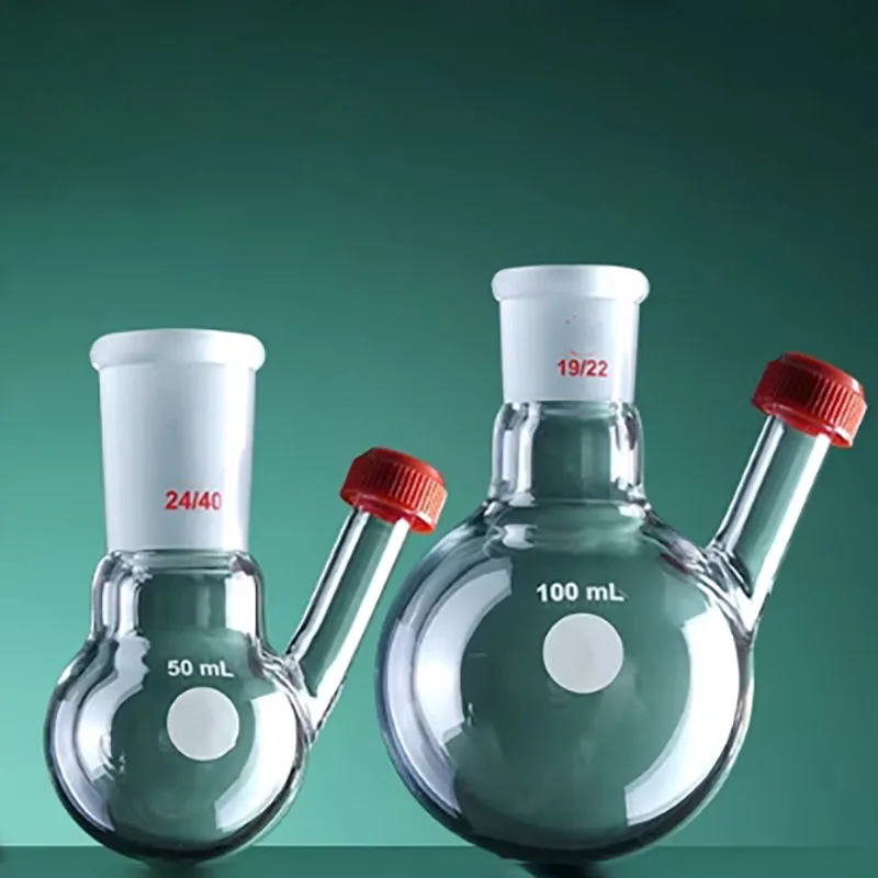 Slanted two-mouth ball flask with threaded mouth and side branch pipe threaded mouth high borosilicate glass 25/50/100/250/500ml
