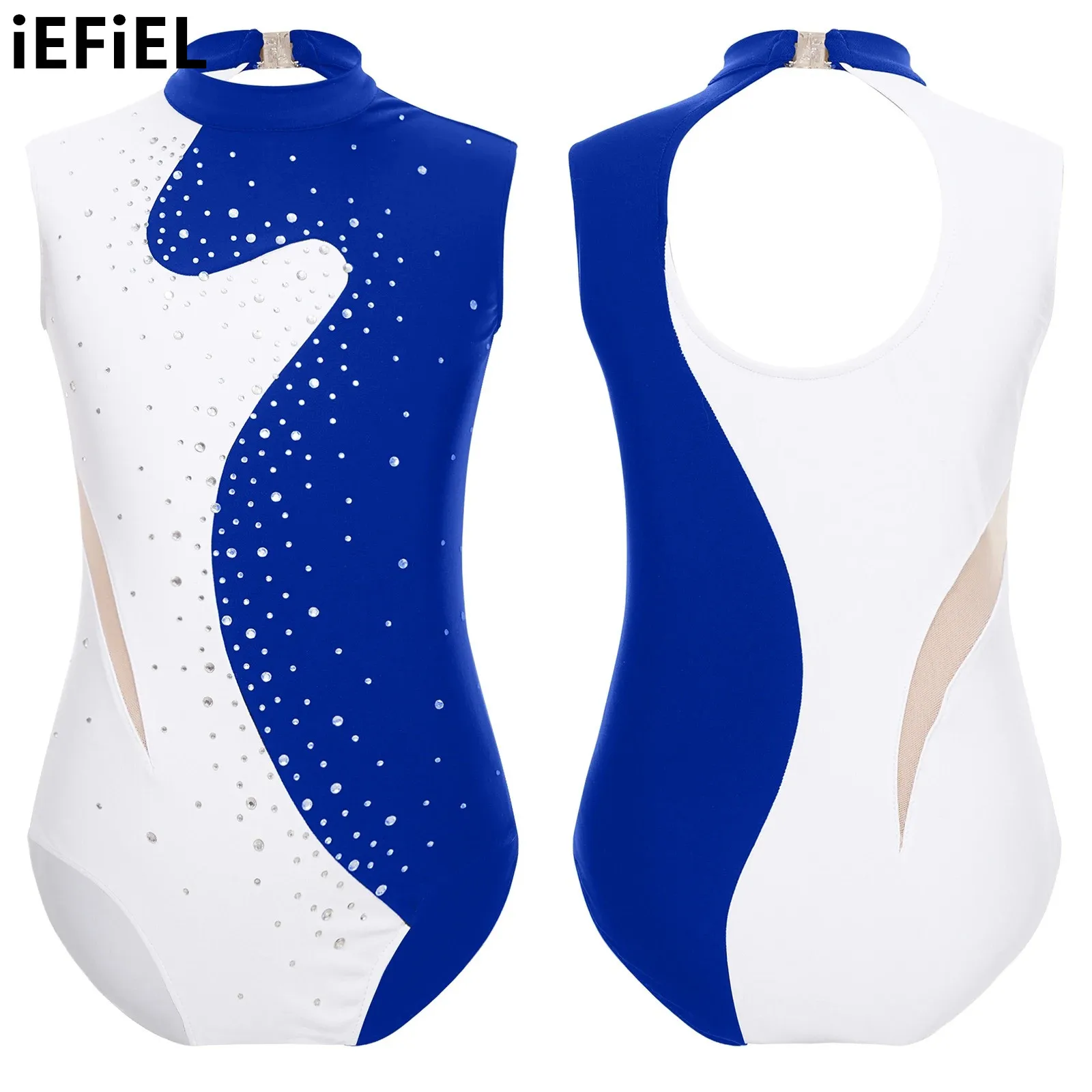 

Kids Girls Color Block Patchwork Dance Leotard Sparkling Rhinestones Keyhole Back Sleeveless Bodysuit for Figure Skating