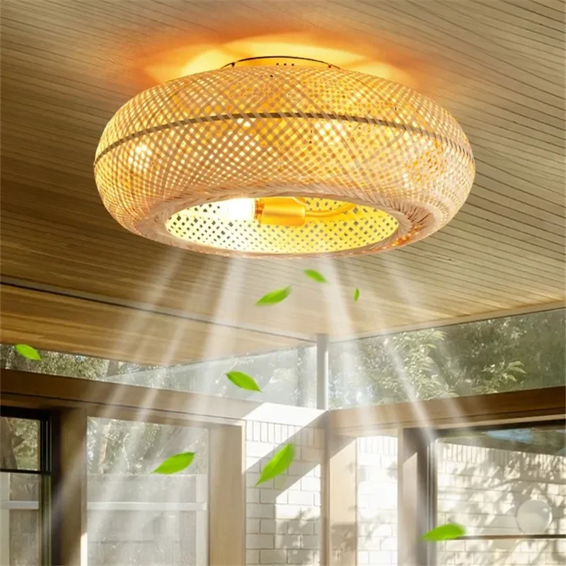 Bohemian Wabi-Sabi Bamboo Rattan Ceiling Fan with Light Retro Handmade Invisible Fan for  Bedroom Living Room Ceiling Fan Lamp