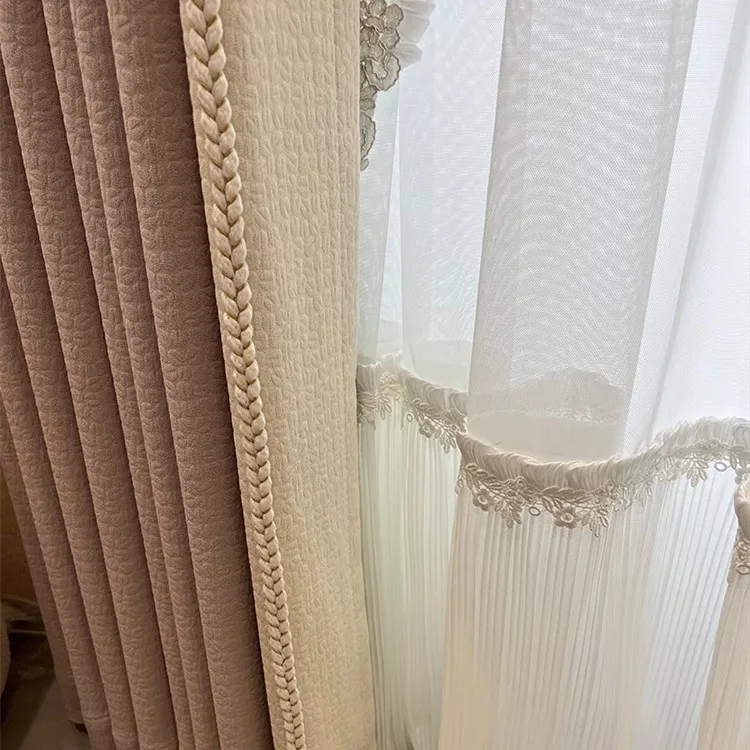 New Purple Thickened Relief Chenille Pearl Lace Splicing Blackout Curtains for Living Room Bedroom Balcony Customization Valance