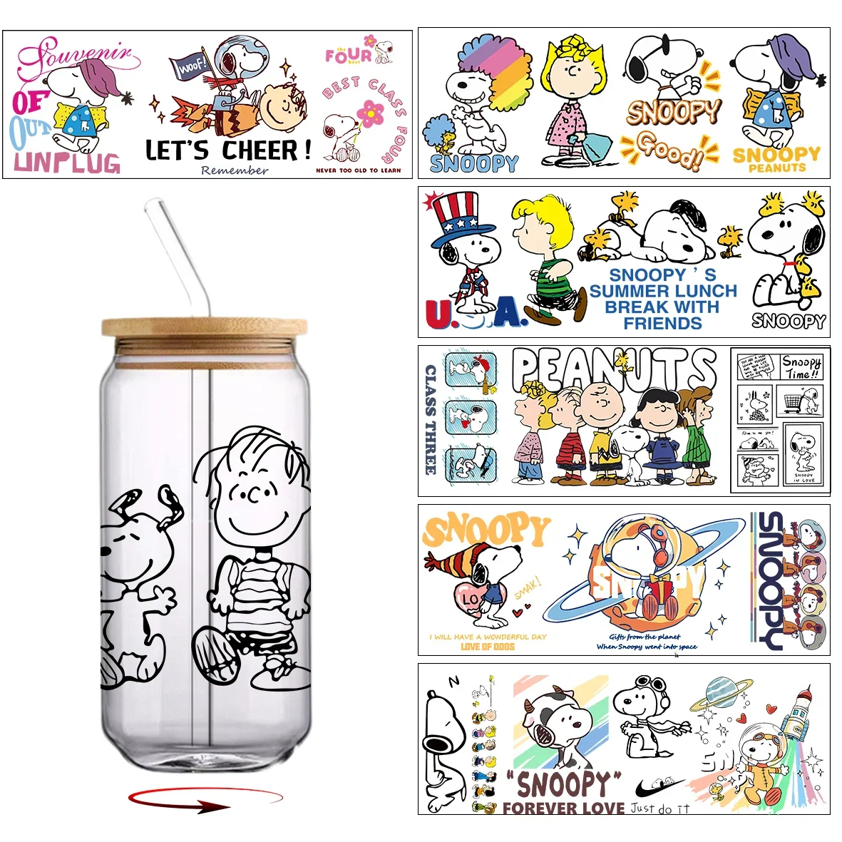 30*10cm Snoopy Series UV DTF Cup Wrap Uvdtf Bottle Glass DIY Selfadhesive Washable Transfer Stickers Durable Glass Car Decals