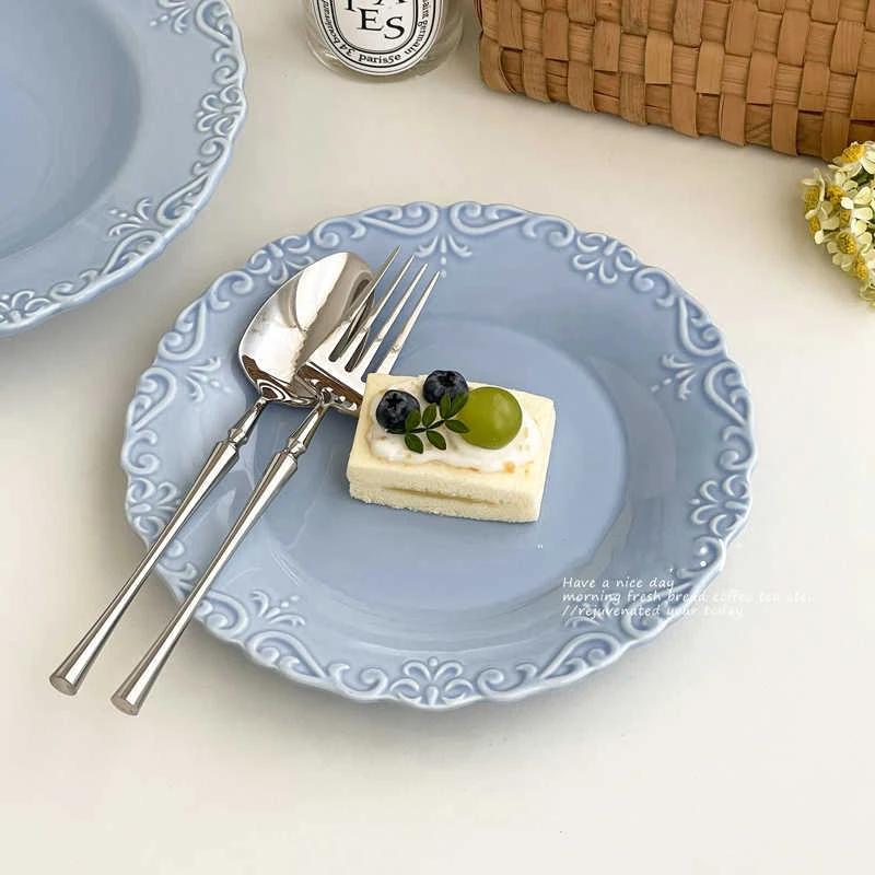 Blue Embossed Ceramic Dessert Plate Retro Creative Household Breakfast Disc Exquisite Afternoon Tea Cake Dish Tableware