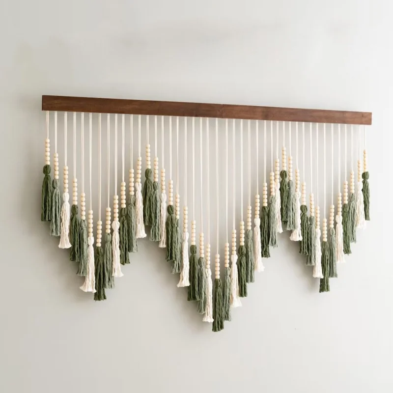 Wall Hanging Tapestry with Wooden Stick Hand-Woven Bohemia Tassel Curtain Living Room Bedroom Decor Wall Art Tassel Wall