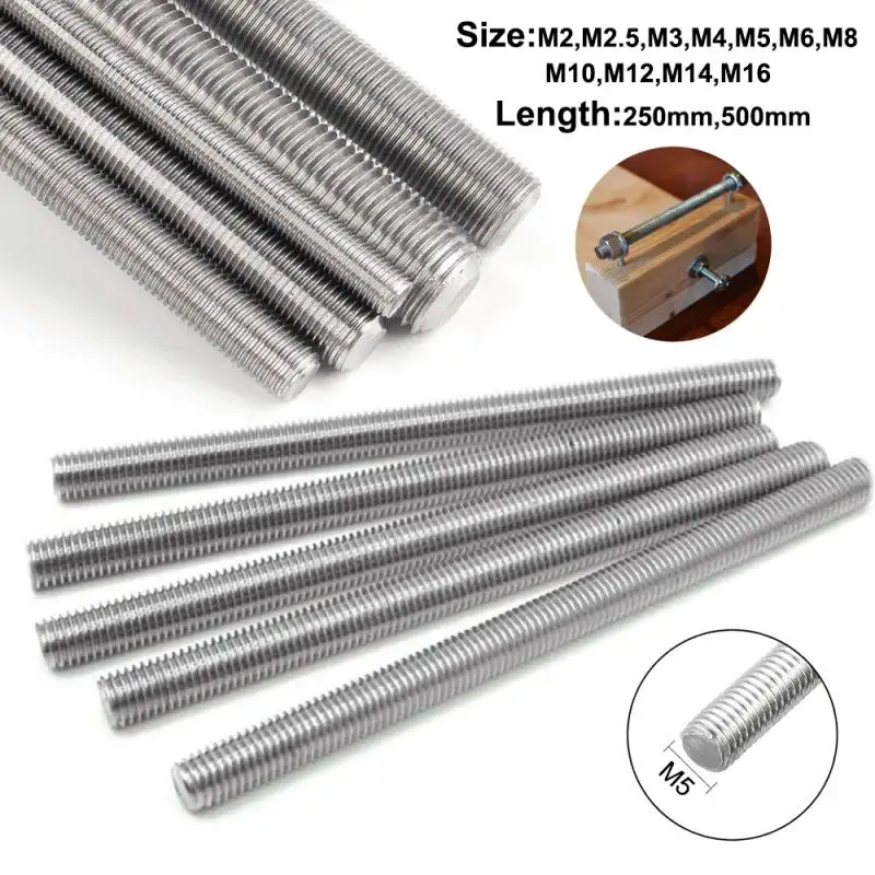 1pcs Threaded Rod 304 Stainles Steel Screw Diameter M2 M2.5 M3 M4 M5 M6 M8 M10 M12 M14 M16 M18 M20 Length 250mm 500mm