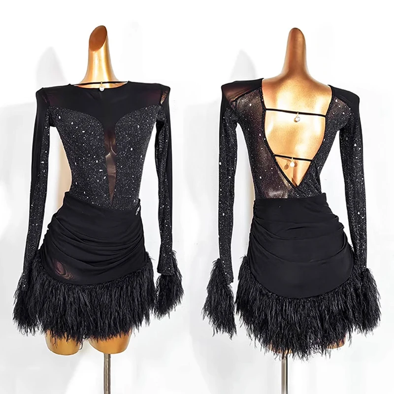 

Черное платье для латинских танцев для женщин, одежда для выступлений, блестящее пышное платье с длинными рукавами, одежда для танцев румба, ча-ча, 5078
