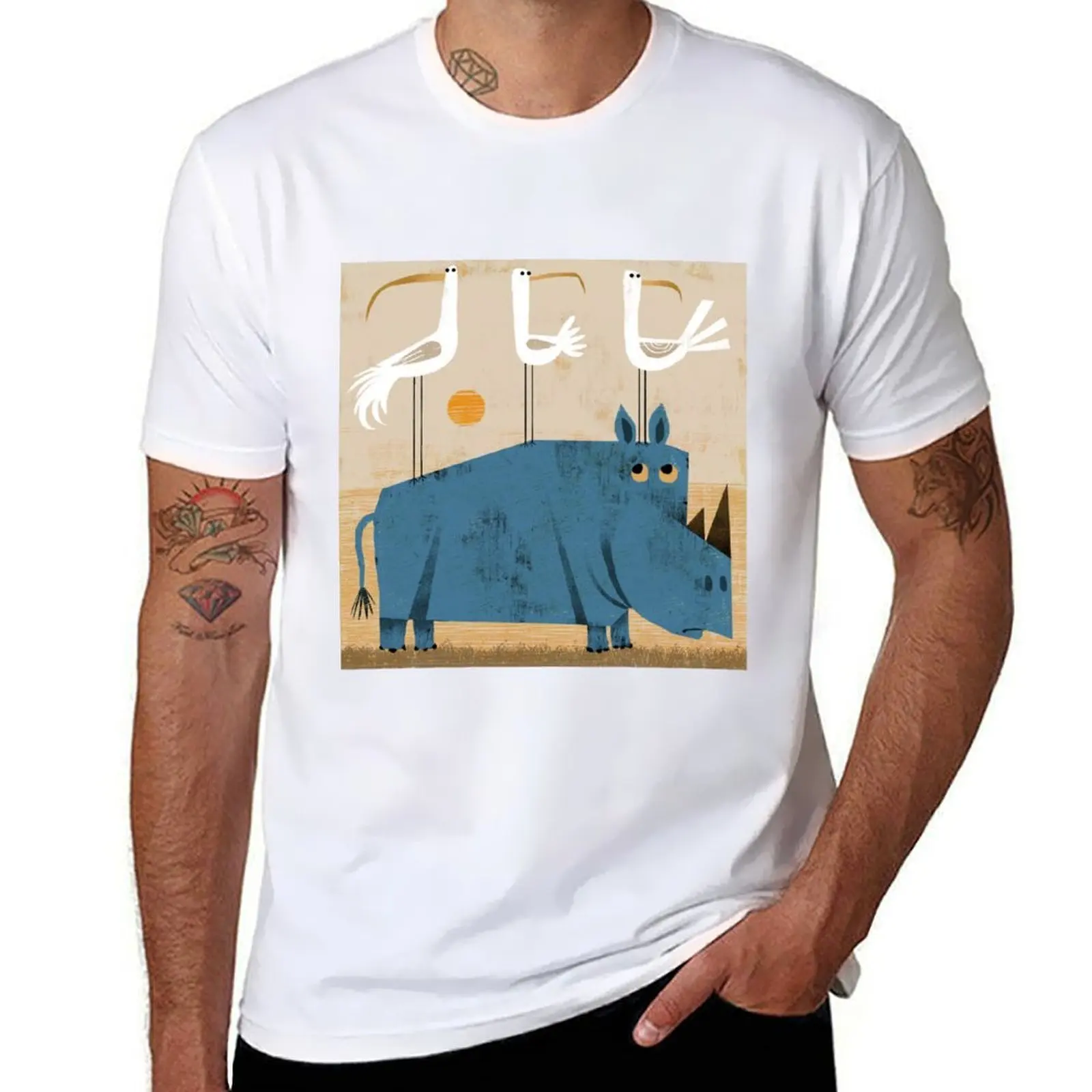 

Rhino with three birds T-Shirt t shirts for man slim fit men t shirt cotton 100% T-Shirt