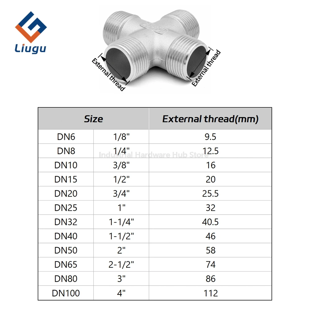 304 Stainless Steel Male Threaded Four-way Cross, BSP Full External Thread 4-way Pipe Fitting, 1/4