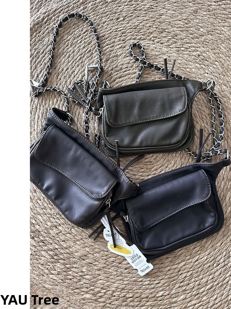 

Vintage Travel Phone Chain Bag Boho Square Bag Youth Fashion PU Leather Single Shoulder Bag for Daily Use Pure Color