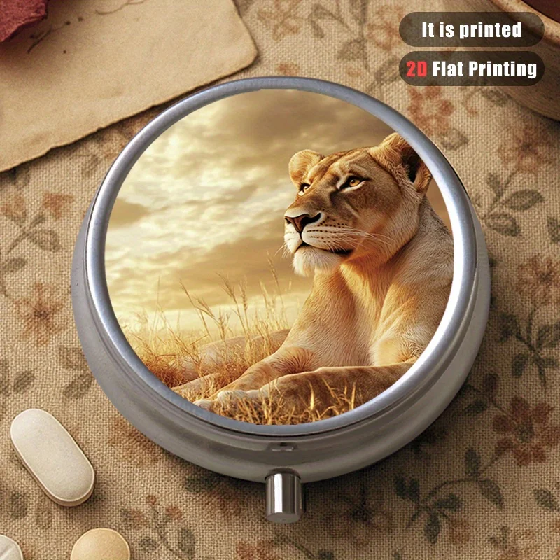 Female Lion Pattern 5-Compartment Round Sealed Box, Multi-Purpose Metal Box, 3-Compartment Storage Container for Sealed Items, Portable Travel Sealed Box for Outdoor Activities or Bags, Sealed Box for Vitamins with Multiple Compartments, Gift Collection Box, Printed Locations May Vary