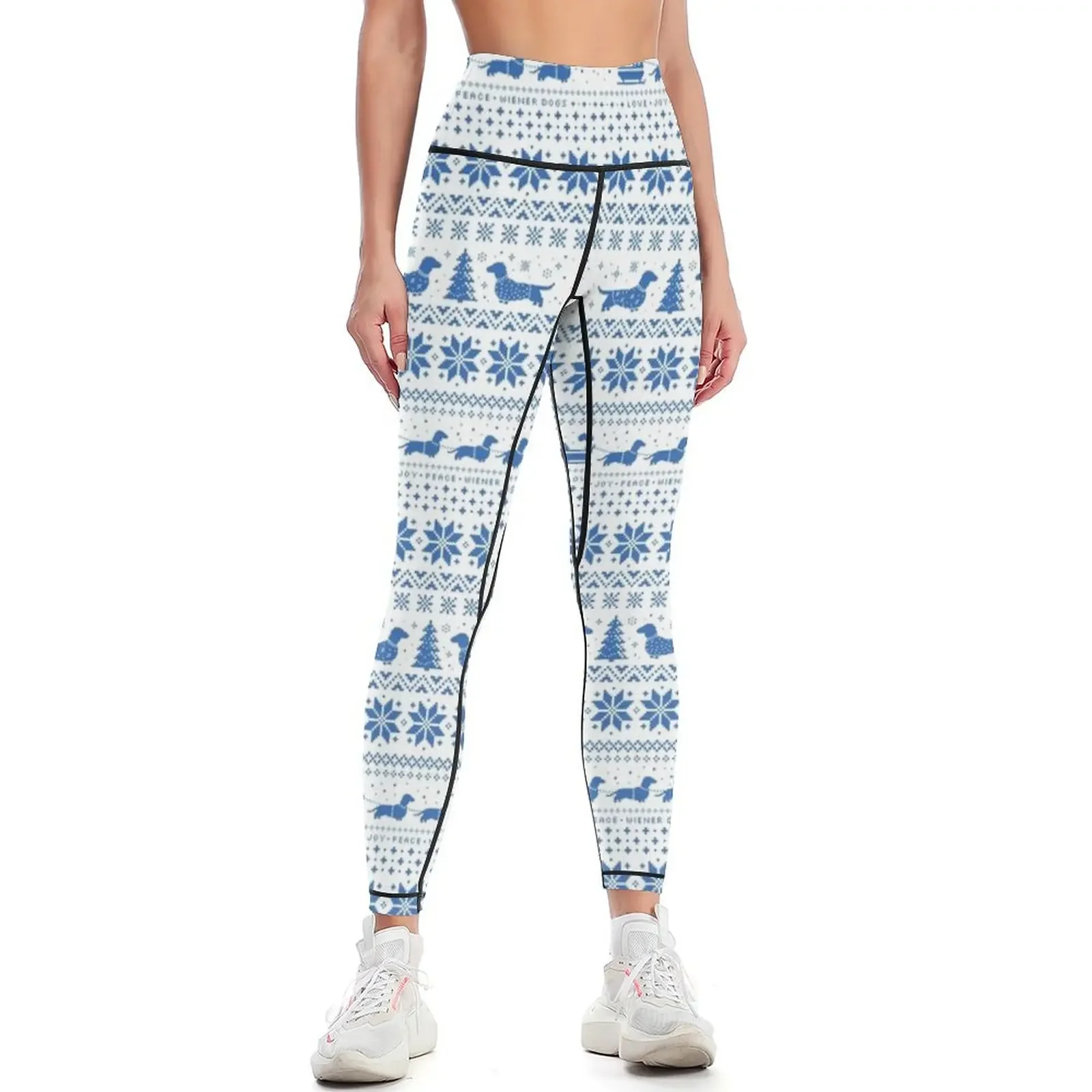 

Love Joy Peace Wiener Dogs | Blue and White Holiday Pattern Leggings Women's pants gym pants gym top Womens Leggings