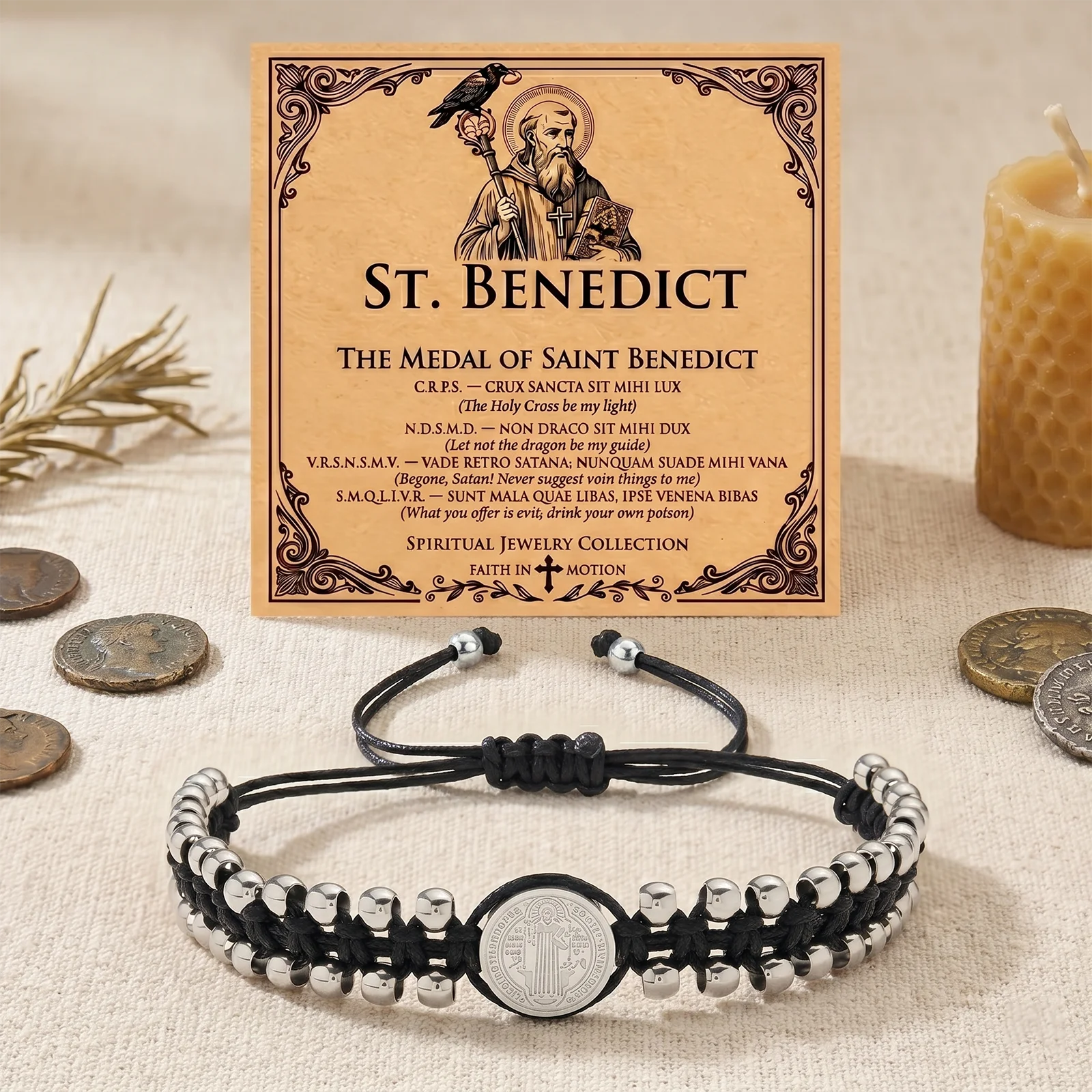 Vintage Two Tone Metal Bead St Benedict Adjustable Braided Bracelet For Women Men Christian Daily Wear Accessory Gift Jewelry
