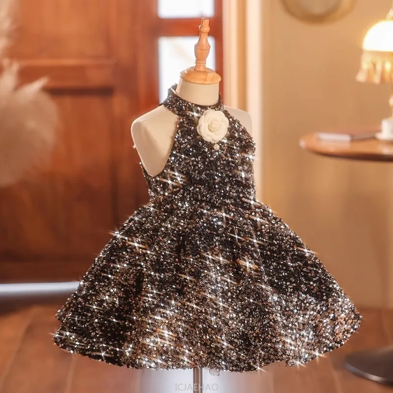 

Party Dress 2025 Black Glitter Girls First Year Birthday Host Gown Piano Recital Performance Outfit Princess Children Pageant