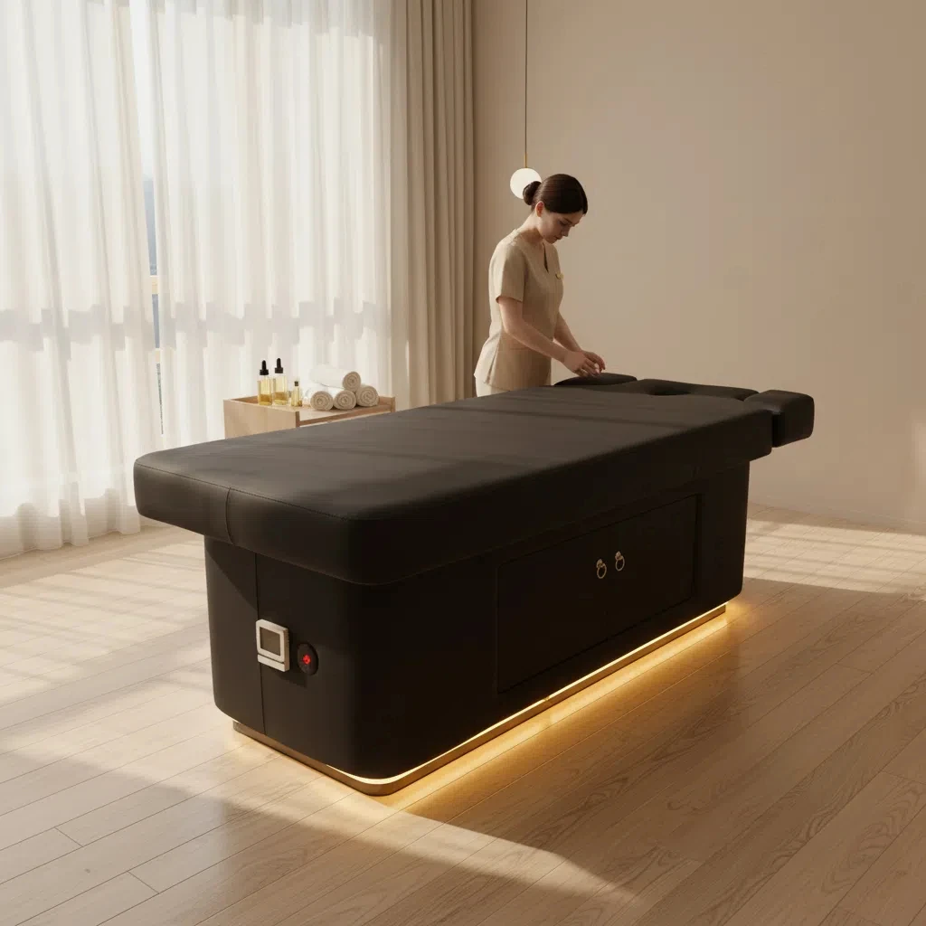

Luxury Full Black Beauty Salon 2 Motors Electric Massage Table and Bed Modern Cosmetic Facial Bed with Heating and Lights