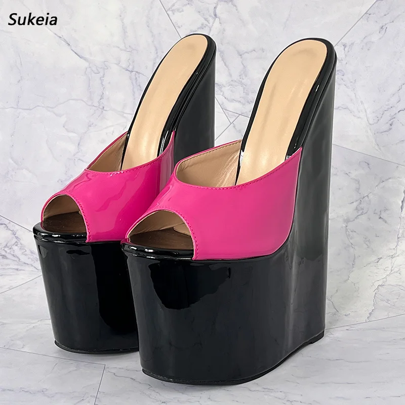 

Sukeia New Arrival Women Summer Platform Mules Sandals Glossy Wedges Heel Round Toe Pretty Fuchsia Ladies US Plus Size 5-15
