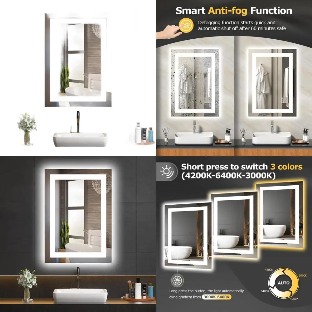 

Светодиодное зеркало 20x28 дюймов с защитой от запотевания, регулируемой яркостью, подсветкой и передней подсветкой, интеллектуальным туалетным столиком, памятью, небьющимся закаленным стеклом