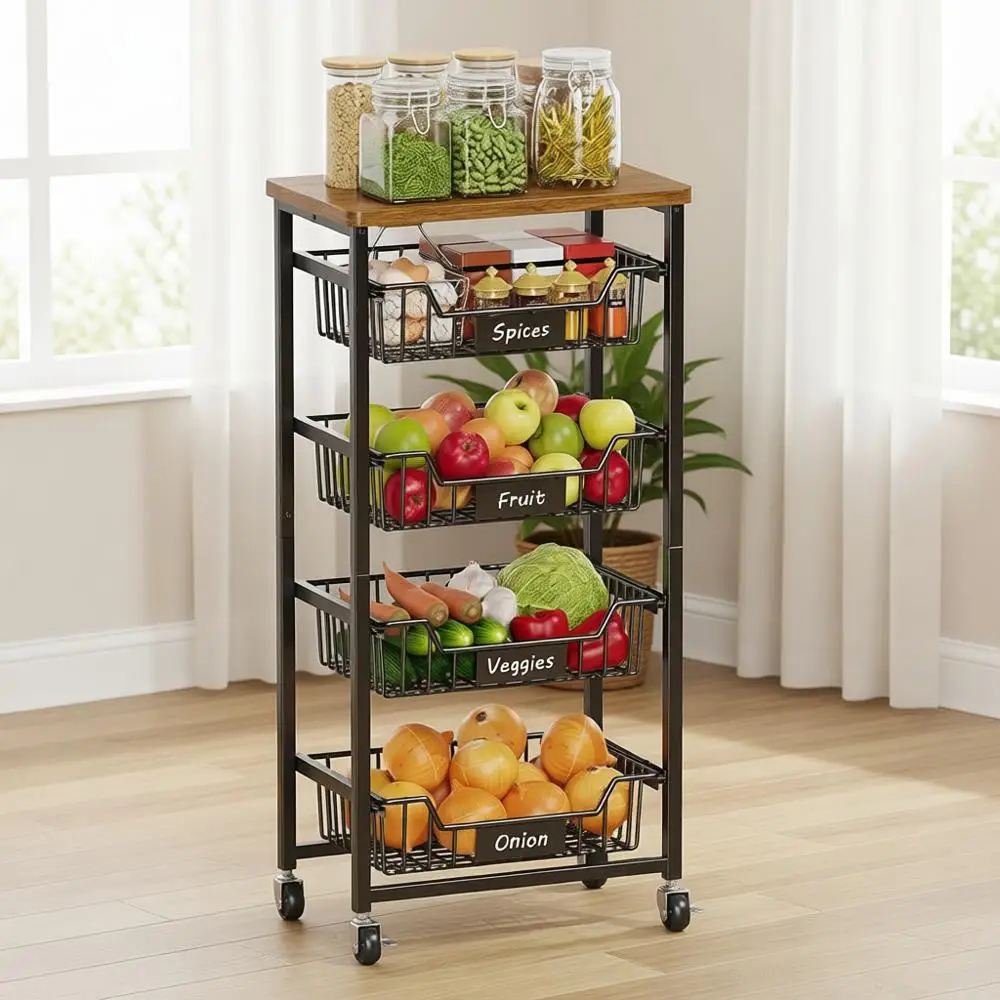 

5-уровневая кухонная тележка на колесиках с выдвижными корзинами и деревянной столешницей для хранения и кладовой