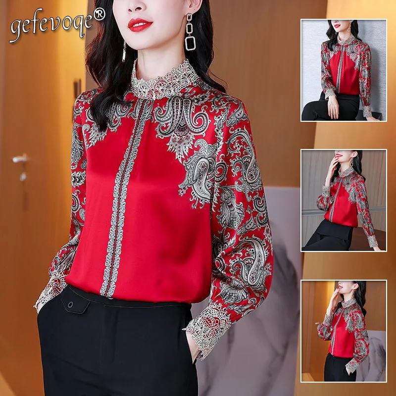 

Vintage Elegant Fashion Lace Patchwork Printed Shirt Spring Autumn 2023 New Stand Collar Long Sleeve Loose Tops Women's Clothing