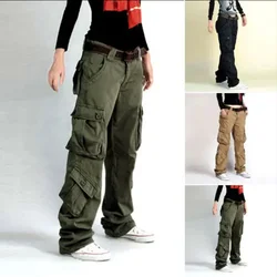 Womens Cargo Pockets Work Casual Trousers Loose Cotton Combat Baggy Pants