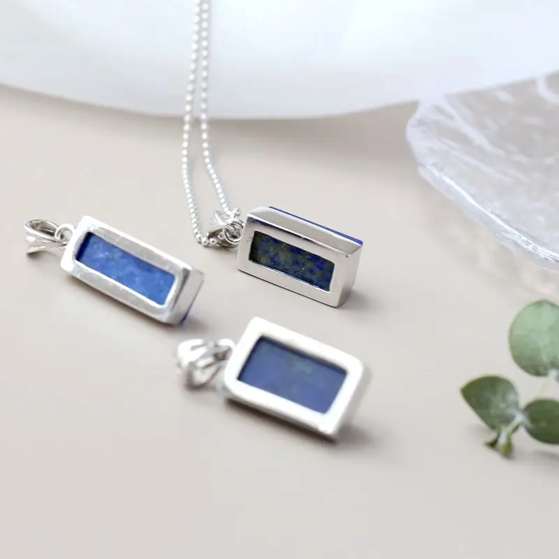 Authentic 925 Sterling Silver Pendant Inlaid Natural Lapis Rectangular Pendant Each Piece Being A Unique Image Lady Jewelry Gift