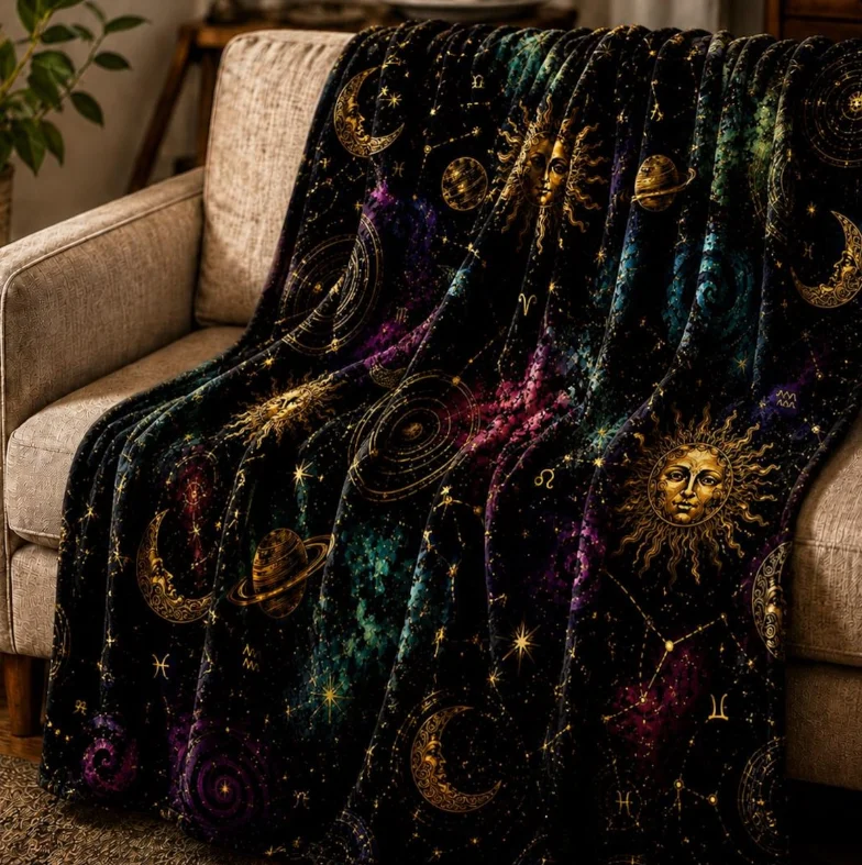 Whimsigoth Celestial Blanket Astrology Zodiac Moon and Stars Blanket Green Red Violet Witchcore Decor Gothic Couch Blanket Gift