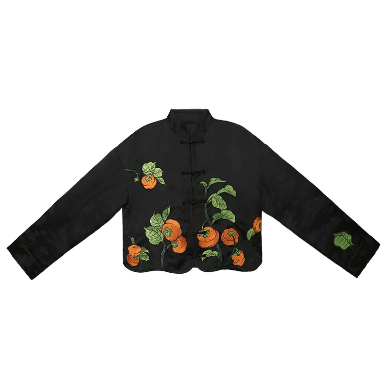 103-111cm busto primavera verão feminino elegante delicado estilo chinês botões caqui bordado casacos curtos
