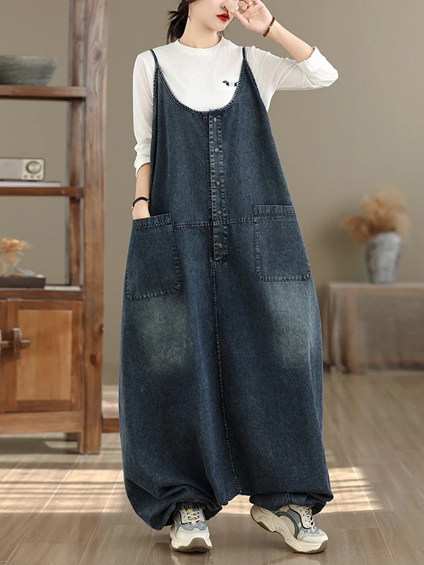 Retro Distressed Denim Overalls Women's Loose plus Size Casual High Waist Harlan Pants Autumn 2026 New Style Ladies Jeans