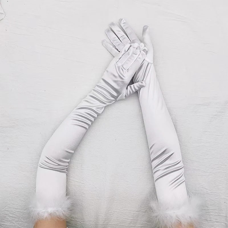 Guantes de plumas elásticos de dedo completo para mujer, manoplas sexys de seda satinada para fiesta de baile, maquillaje de Halloween, escenario de