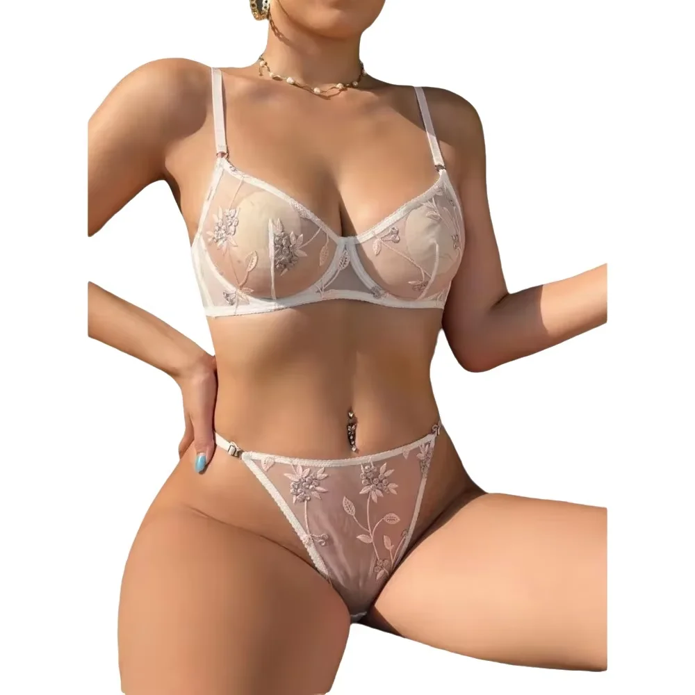 Sujetador de encaje elegante de verano, bordado transparente, soporte cómodo, antihundimiento, cobertura total, diseño modesto y pecho grande para mujer, minimiza