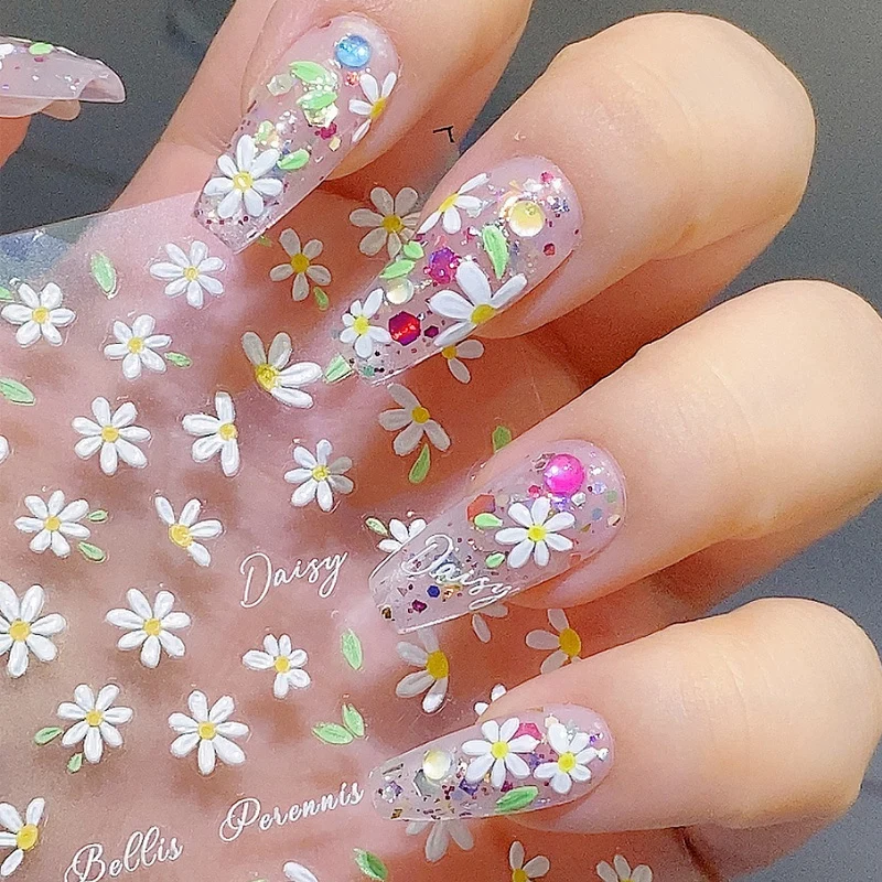 TSZS 1PC 3D Summer Flower Nail Stickers INS Cherry Daisy Flower Nail Art Decorations Flower Ribbon with Rhinestone Decals