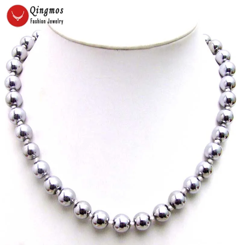 

Qingmos Fashion 8mm Round Luster Natural White Hematite Necklace for Women Jewelry Stone Necklace 18" Chokers Collares