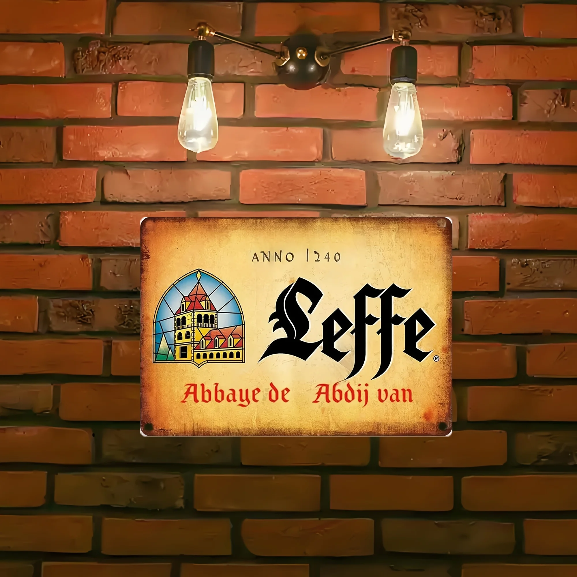 Vintage Leffe Abbey Metal Sign -  Iron Wall Art with Gothic Script,Colorful Illustration, Perfect for Home or Bar Decor,