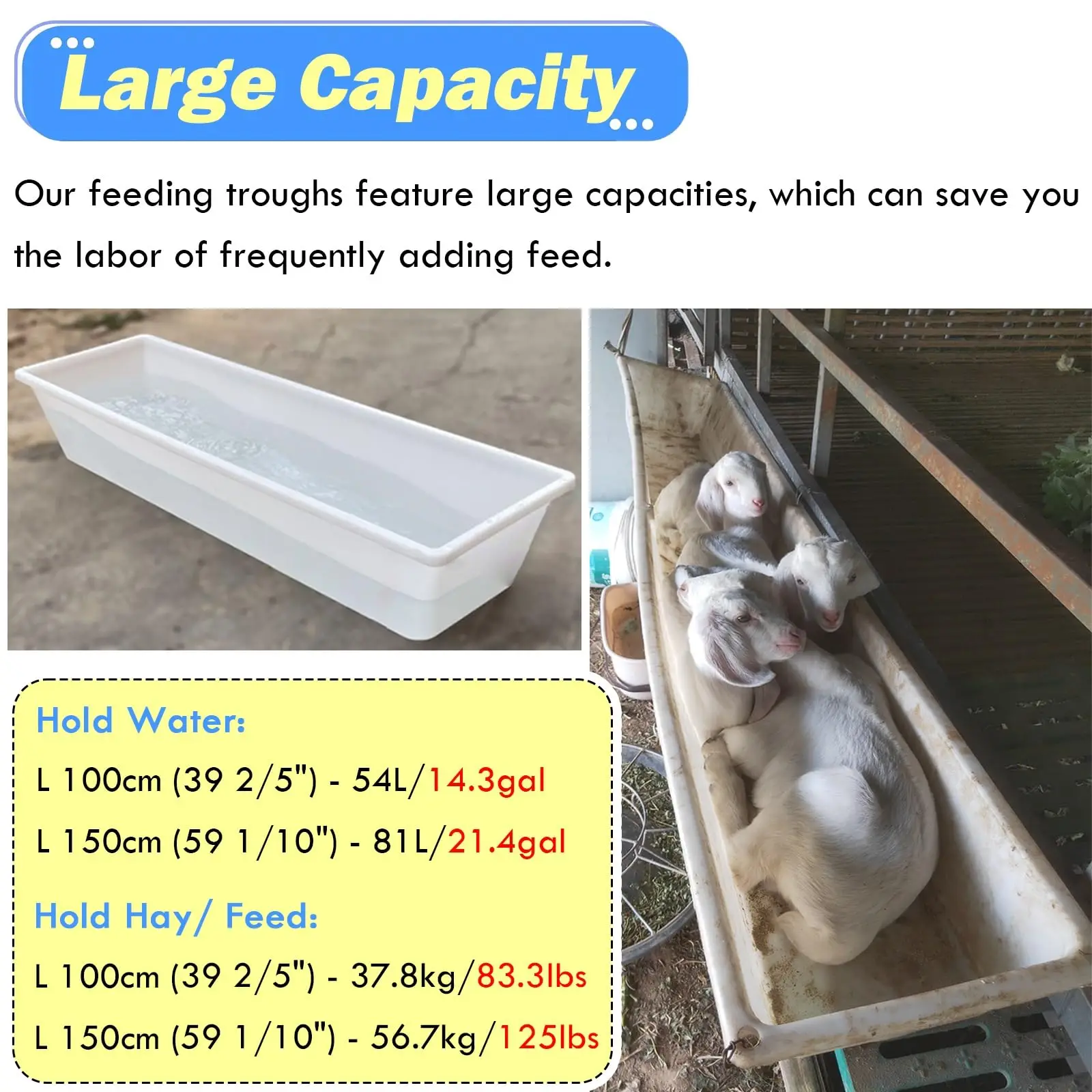 Plastic Cattle Goat Feed Trough Outdoor, White Large Capacity Livestock Feeder for Families/Farms/Yards/Sheep Barns