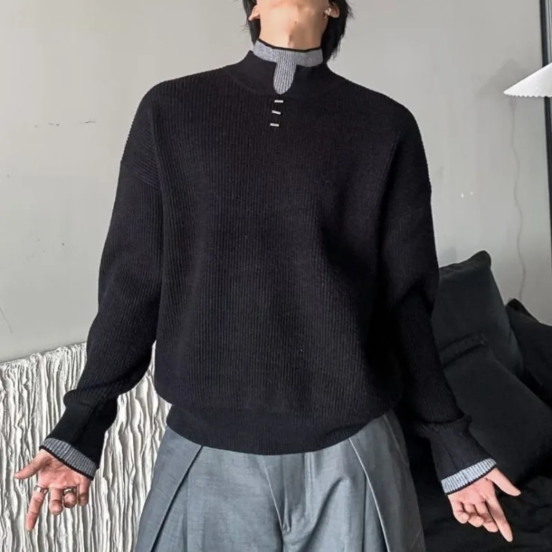 High Neck Fake Two-piece Contrasting Sweater for Men Autumn Winter Popular Simple Casual Knit Pullover Top Niche Cool Jumpers