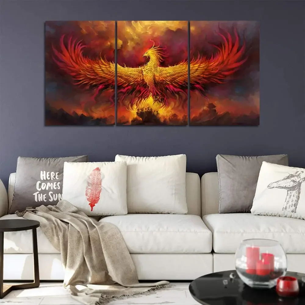 Fantasy Wall Art Canvas Prints Golden Red Burning Phoenix Volcanic Animal Birds Living Room Bedroom Home  Decoration