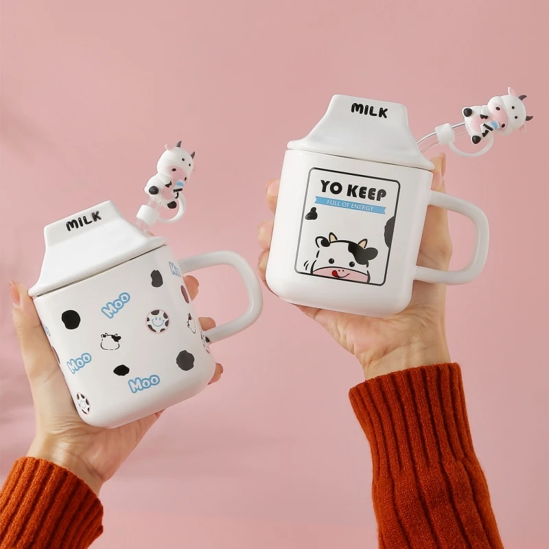 New Arrival Cute Cow Ceramic Coffee Mug With Lid And Straw Creative Milk Coffee Cup Wonderful Gift For Girls Drinkware Wholesale