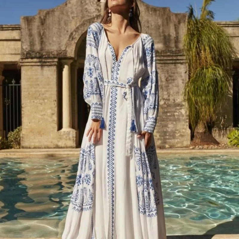 

New Bohemian Holiday Heavy Industry V-neck Embroidered Tassel Lace Lantern Sleeve Long Dress white dress