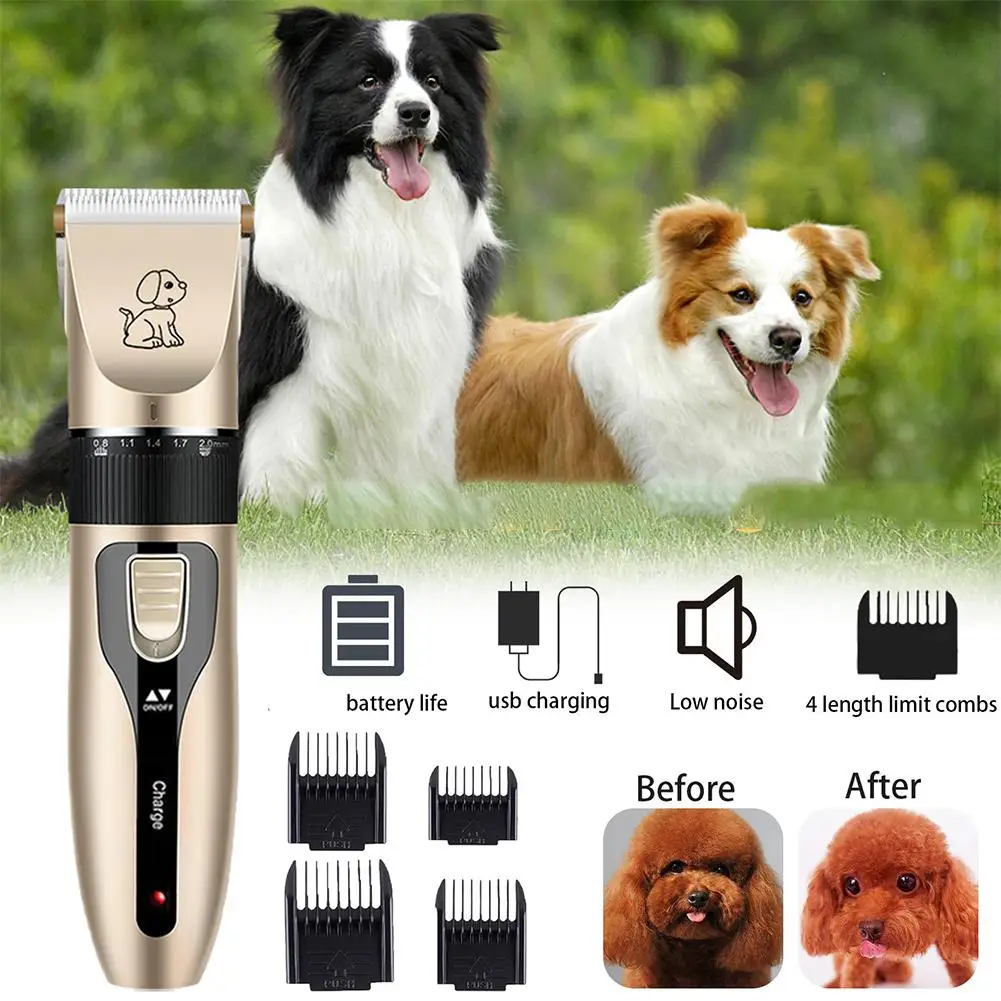 USB Rechargeable Pet Hair Clipper Kit, Low-Noise wireless Dog & Cat Grooming Trimmer with Adjustable 4 Length Guide Combs,Home