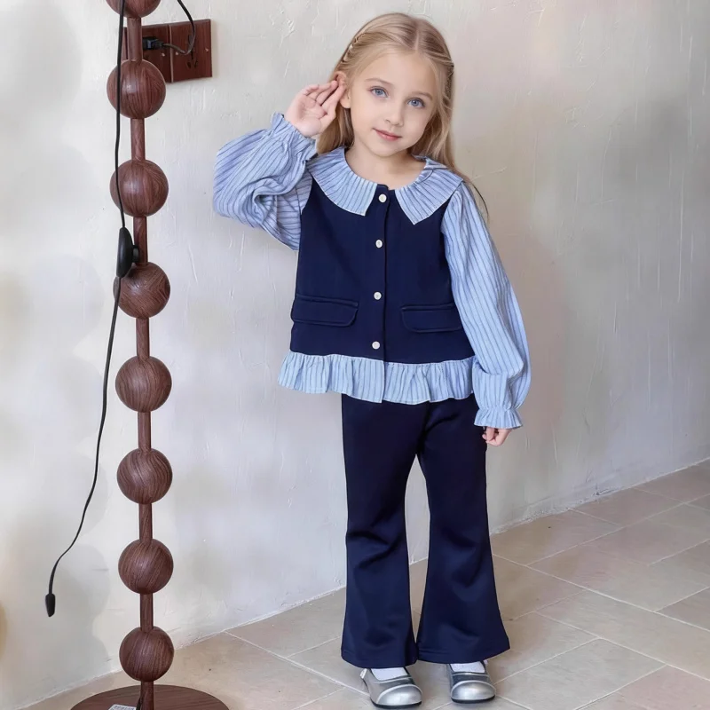

MDDGirls' Spring and Autumn Suit2025New Fashionable Children's Stylish Baby College Style Shirt Fake Two-Piece Top