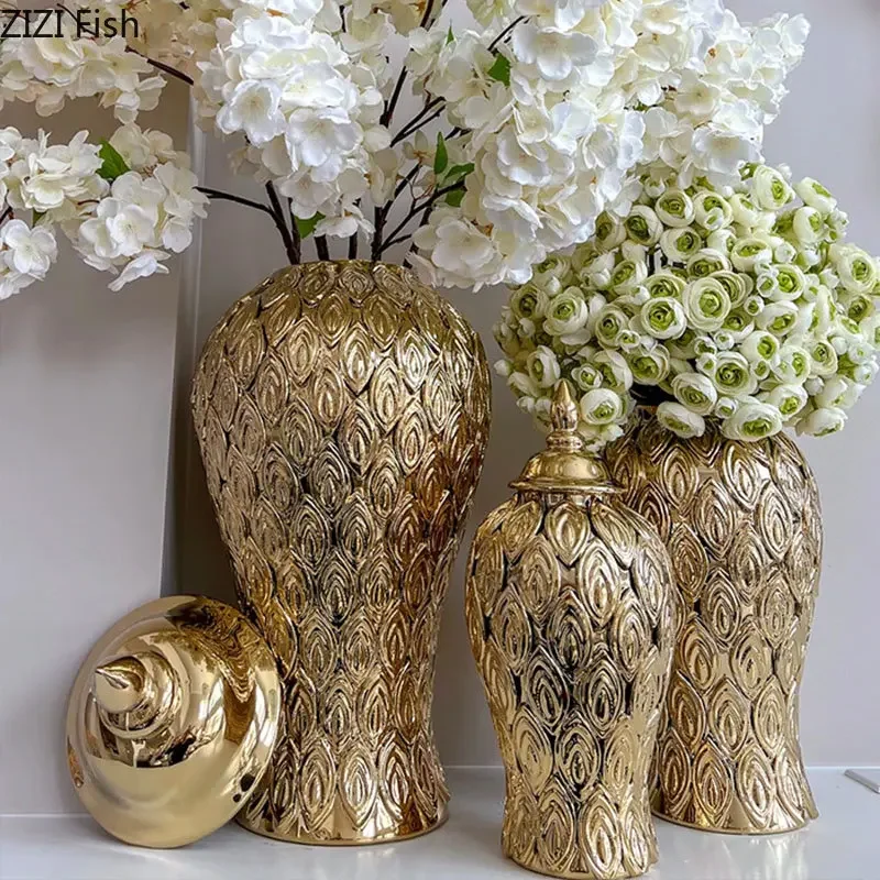 Golden General Tank Ceramic Storage Jar with Lids Gold-plating Texture Jewelry Jars Creative Porcelain Cosmetic Containers