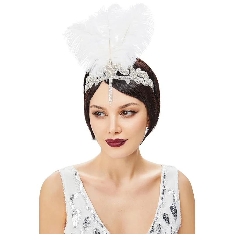 Flapper Headband 1920s Headpiece, Great Gatsby Feather & Crystal Hair Band, Roaring 20s Showgirl Hair Accessory for Women