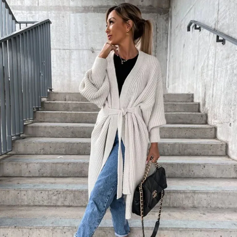 Ardm Casual Cardigan Women Lantern Sleeve Lace Up Knitted Sweater White Cardigan Vintage Tops Auturn And Winter Outwear Coat