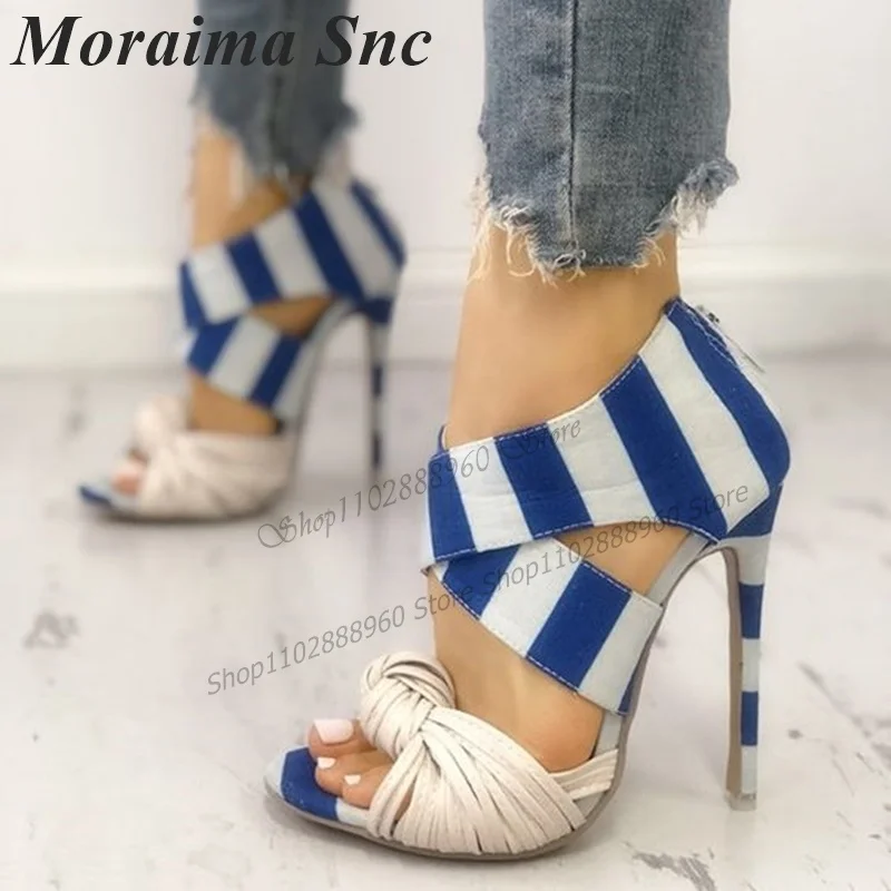 Gemengde Kleur Streep Strik Knoop Decor Sandalen Cover Hak Dunne Hoge Hak Vrouwen Schoenen Rug Rits Open Teen 2023 Zapatos Para Mujere